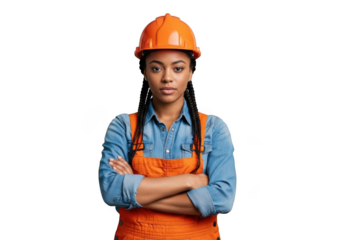 Serious female construction worker wearing orange hard hat and overalls with arms crossed standing confidently isolated on transparent background