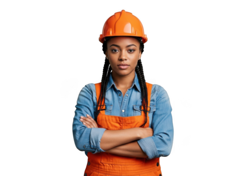 Serious female construction worker wearing orange hard hat and overalls with arms crossed standing confidently isolated on transparent background
