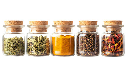 Five small glass jars filled with various spices and herbs with cork lids on a black background