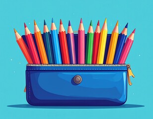 Cartoon of bright, colorful pencils sticking out of a blue pencil case, blue background
