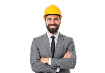 Smiling construction professional wearing a yellow hard hat and gray suit with arms crossed isolated on transparent background