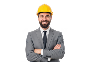 Smiling construction professional wearing a yellow hard hat and gray suit with arms crossed isolated on transparent background