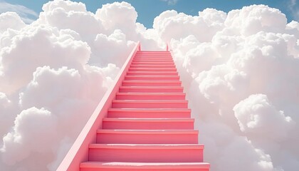 Delicate pink handcrafted wooden staircase ascending into a backdrop of fluffy white clouds, visual, whimsical
