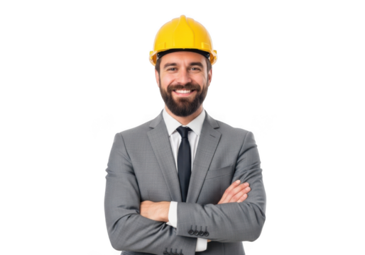 Smiling construction professional wearing a yellow hard hat and gray suit with arms crossed isolated on transparent background