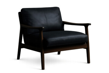 Black leather armchair with dark wood frame against transparent background, mid-century modern design furniture
