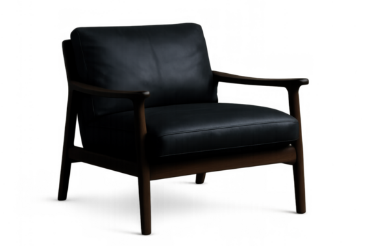 Black leather armchair with dark wood frame against transparent background, mid-century modern design furniture