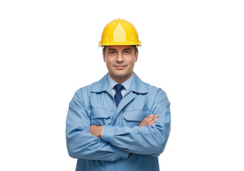 A confident male construction worker wearing a yellow hard hat and blue work uniform with arms crossed isolated on transparent background