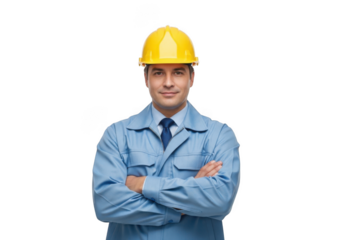 A confident male construction worker wearing a yellow hard hat and blue work uniform with arms crossed isolated on transparent background