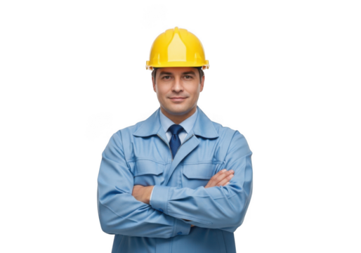 A confident male construction worker wearing a yellow hard hat and blue work uniform with arms crossed isolated on transparent background - Powered by Adobe