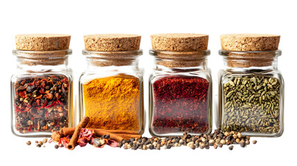 Four glass jars filled with colorful spices and herbs with cork lids on a black background close up