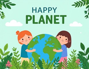 Cartoon of two children hugging the Earth with leafy greenery and pastel clouds