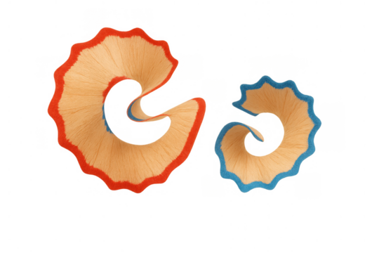 Curly red and blue pencil shavings from sharpening, perfect for designs related to education, drawing, or artistic endeavors