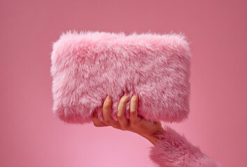 Female hand holding pink fluffy clutch made of faux fur	