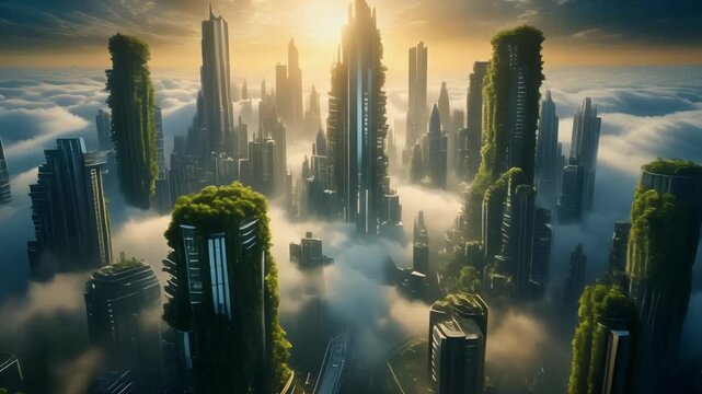 Aerial sunrise over a futuristic floating city; ultra-detailed towers rise through cloud layers with vertical sky gardens and terraces, cinematic lighting, clean and brand-safe