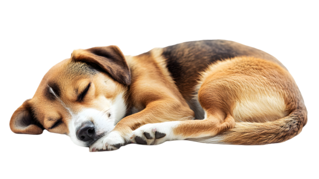 A beagle puppy curled up and sleeping peacefully on a surface with a black background behind it