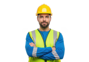 A confident construction worker wearing a yellow hard hat and a bright yellow safety vest with arms crossed isolated on transparent background
