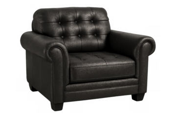 Black leather armchair with tufted back and rolled arms adding comfort and classic style, transparent background