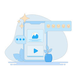 Social media vectors with video content, photos, emojis and online conversations.