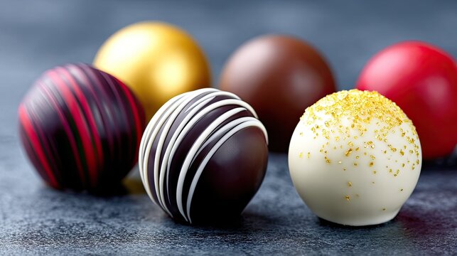 Assorted Chocolate Pralines Close up Macro Photography with Rich Dark Milk and White Chocolate Drizzled and Sprinkled on Textured Dark Surface with Soft Lighting - Powered by Adobe