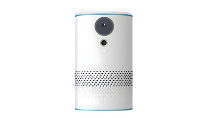 A cylindrical white security camera with blue trim on a black background in a studio shot
