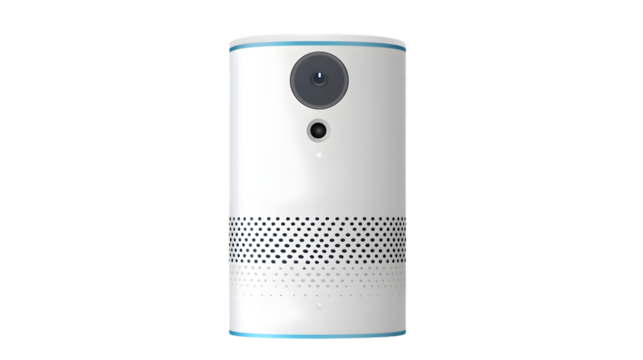 A cylindrical white security camera with blue trim on a black background in a studio shot