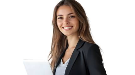 Portrait of a smiling woman in a blazer holding a laptop against a dark background in studio shot