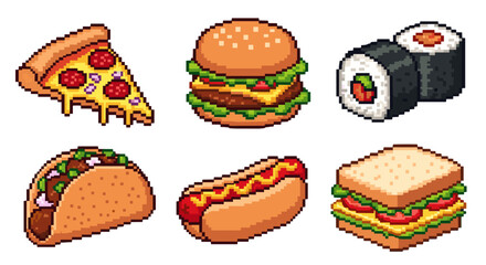 Pixel Art Fast Food Icons Set Featuring Pizza Burger Sushi Taco Hot Dog Sandwich Isolated On Black Background For Game Design