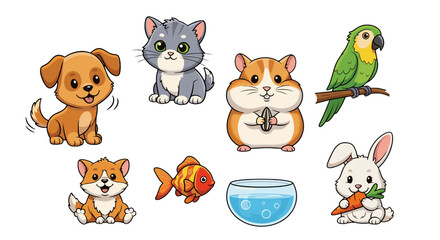 Cute Cartoon Pets Collection Isolated on White Background for Design