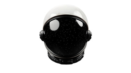 Close up view of a white and black astronaut helmet with stars reflected in the visor on black