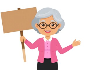 Cartoon older woman with glasses holding blank sign, smiling, arm extended