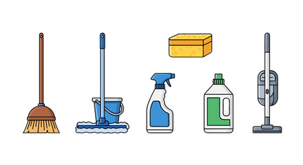 Collection of cleaning tools and supplies including mop bucket spray bottle and vacuum cleaner isolated on black background