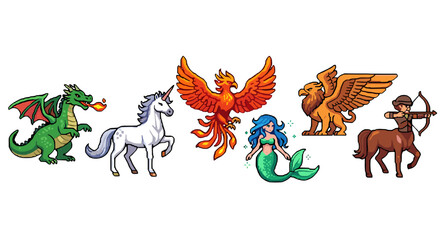 Collection of Mythical Fantasy Creatures Isolated on Black Background Featuring Dragon Unicorn Phoenix Mermaid Griffin Centaur