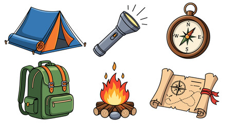 Camping Gear Icons Set Adventure Travel Survival Elements Isolated on White Background