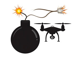 Cartoon Old-fashioned bomb with lit fuse, and drone. Juxtaposition of danger and modern tech