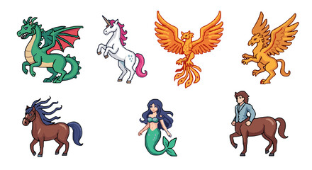 Pixel Art Collection of Mythical Creatures Isolated on Black Background