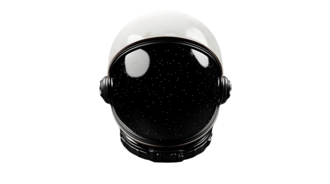 Close up view of a white and black astronaut helmet with stars reflected in the visor on black
