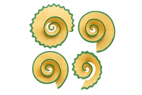 Pencil shavings creating spiral patterns, raw wood waste from sharpening, isolated with a transparent background