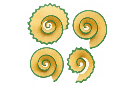 Pencil shavings creating spiral patterns, raw wood waste from sharpening, isolated with a transparent background