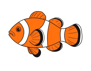 Cartoon orange clownfish with white and black stripes on a white background