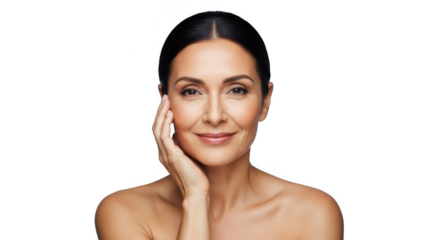 Beautiful mature woman touching her face isolated on transparent background for skincare ad