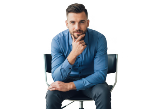 Man in blue shirt sitting thoughtfully isolated on transparent background