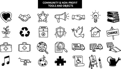 Doodle Hand-Drawn Icons Set for Community, Non-Profit, and Charity Organizations. Symbols for social services, aid, education, environment, and advocacy.