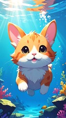 Cartoon orange and white kitten floating underwater in a vibrant coral reef scene