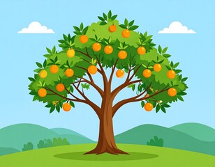 Cartoon orange tree laden with fruit against a blue sky and grassy hills backdrop