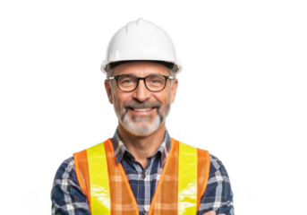 Smiling construction worker wearing a white hard hat and reflective safety vest isolated on transparent background