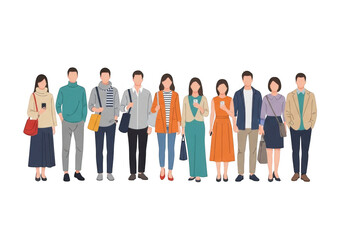 Fototapeta premium Diverse group of stylized people standing together in casual and business attire isolated on transparent background