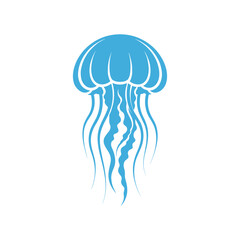 A detailed illustration of a blue jellyfish, showcasing its bell and trailing tentacles, isolated on white.