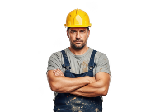 A serious construction worker wearing a yellow hard hat and blue overalls with arms crossed isolated on transparent background