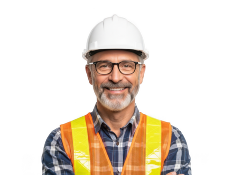 Smiling construction worker wearing a white hard hat and reflective safety vest isolated on transparent background