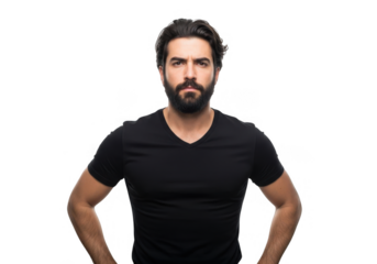 Man with beard wearing black t shirt isolated on transparent background